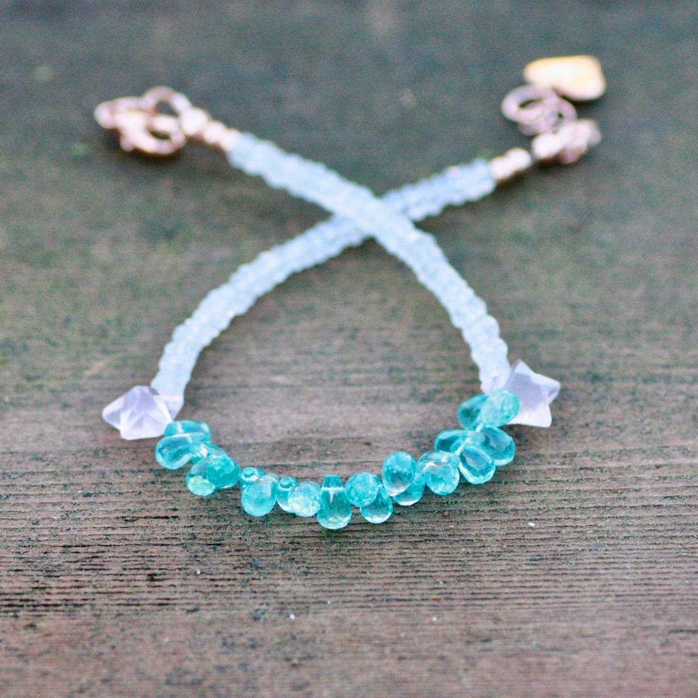 New Natural Green Apatite, Rose Quartz,  Moonstone Bracelet 14k Rose Gold Filled